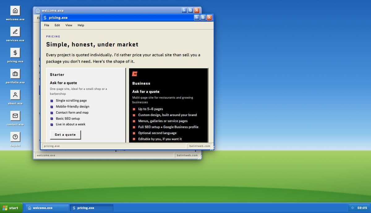 The Balintweb desktop demo: a Windows-style desktop with the site's pages open in draggable windows