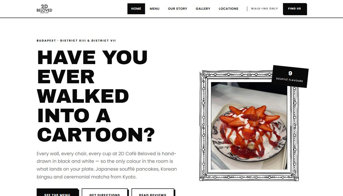 Homepage of the 2D Cafe Beloved demo site, black-and-white hand-drawn styling